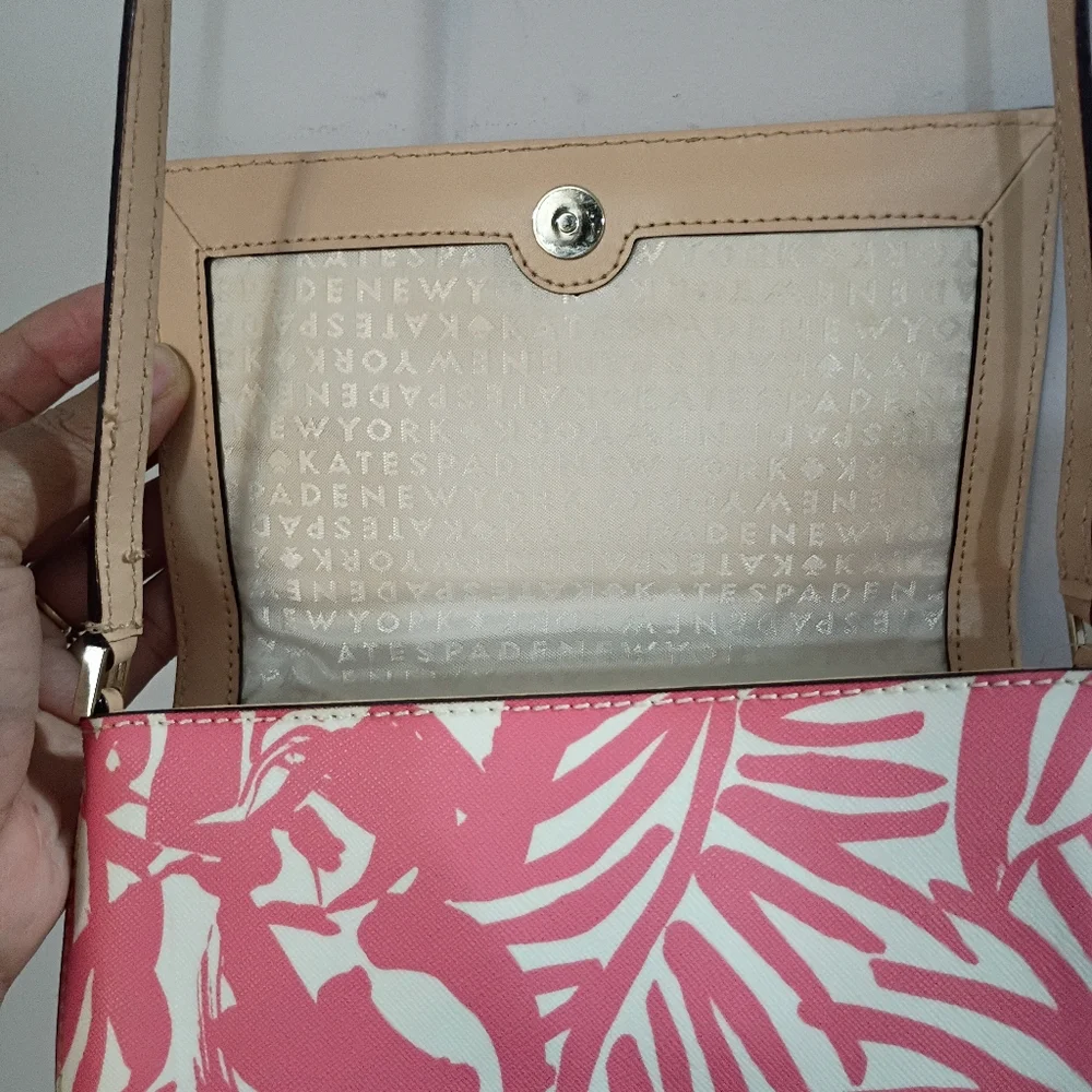Kate Spade, EUC, Crossbody Bag, Leaf Print, Snap Closure, Color Pink, White - Picture 8 of 13